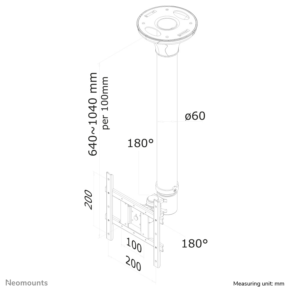 Neomounts FPMA-C200BLACK Support de plafond pour écran de 10-40" - h 64-104 cm